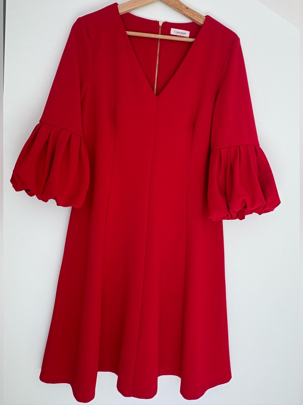 Calvin Klein Red V-Neck A-Line Midi Dress with Ruffled Bubble Sleeves